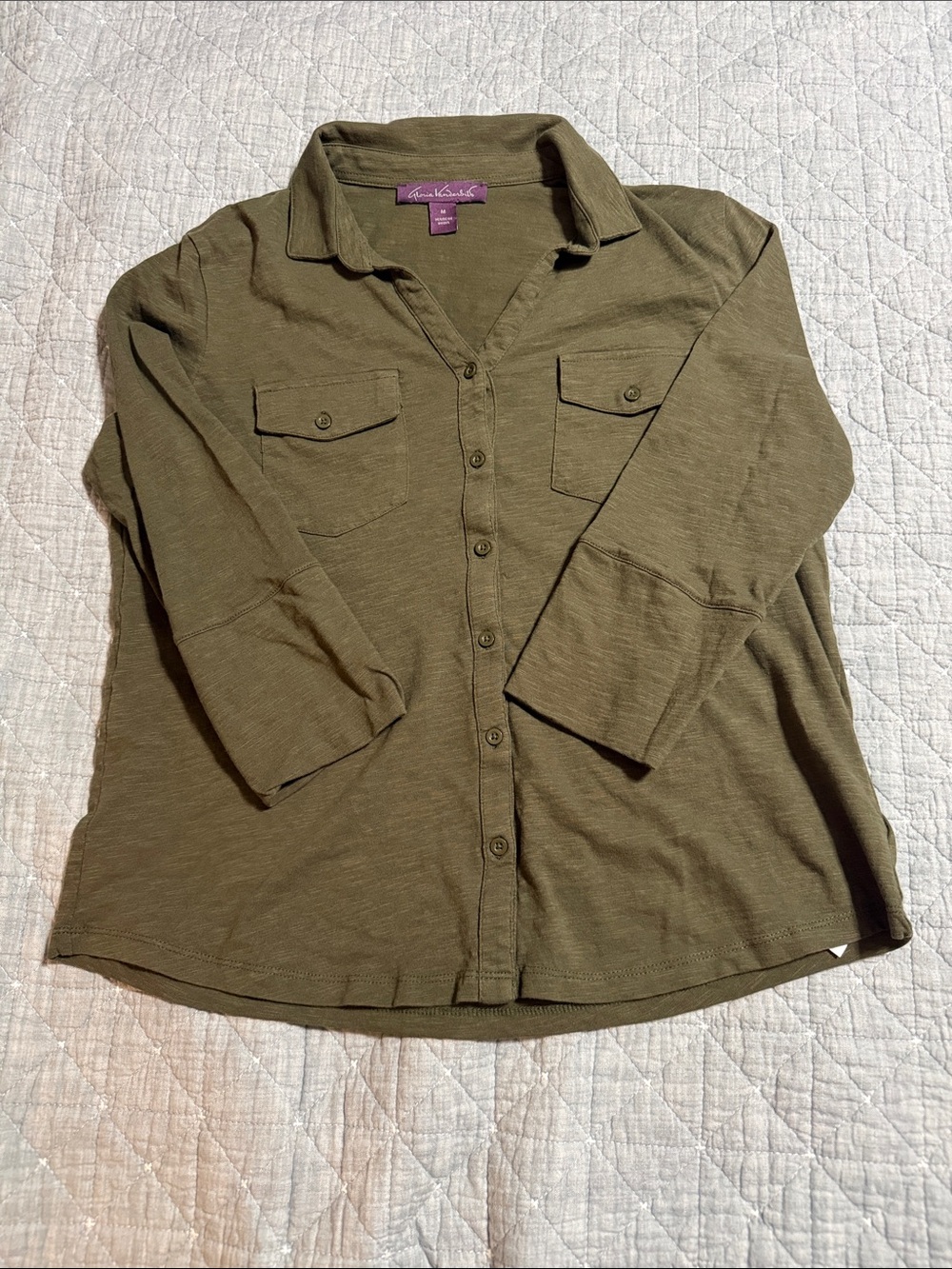 Gloria Vanderbilt Women’s Olive Green Button From 3/4 Sleeve Too Sz M